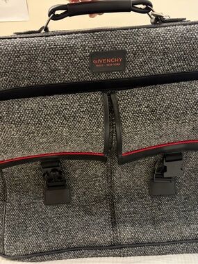 Vintage Givenchy Men's Gray Tweed Briefcase with Red Trim